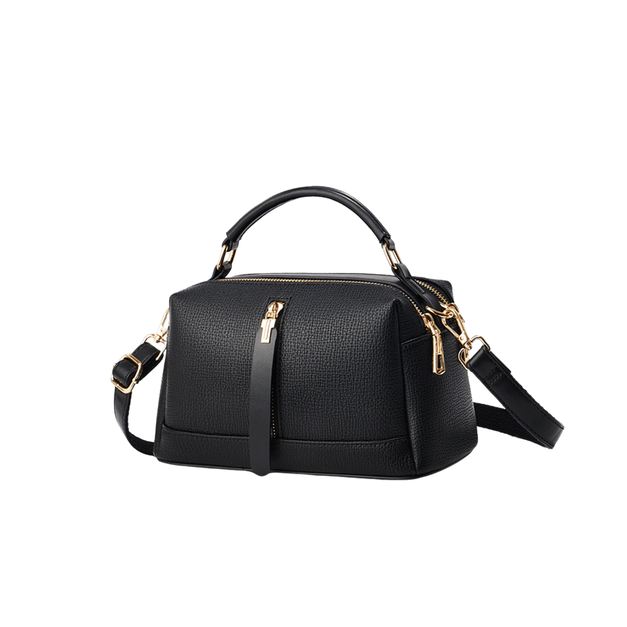 Black ladies handbag with long PU zip puller and top zipper pocket