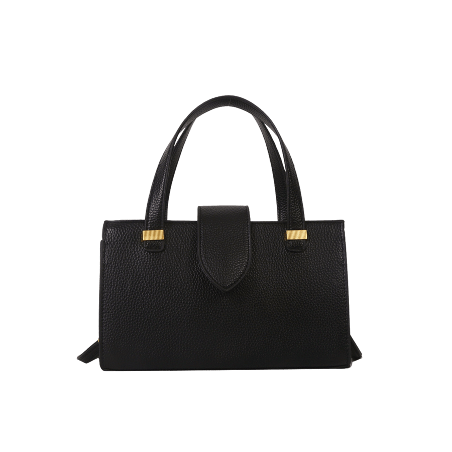 Black pebble PU ladies tote bag with metal bridge on the handle and magnetic snap closure