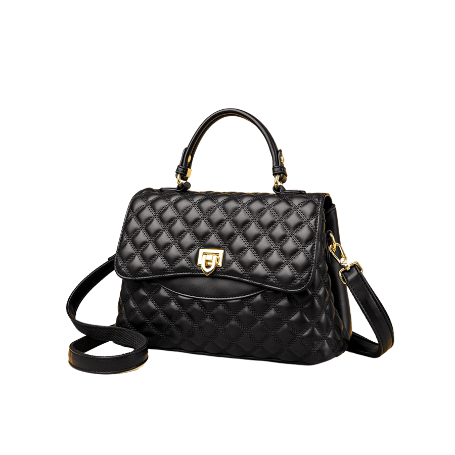 Black quilting ladies handbag with lock closure and decorative studs on the handle
