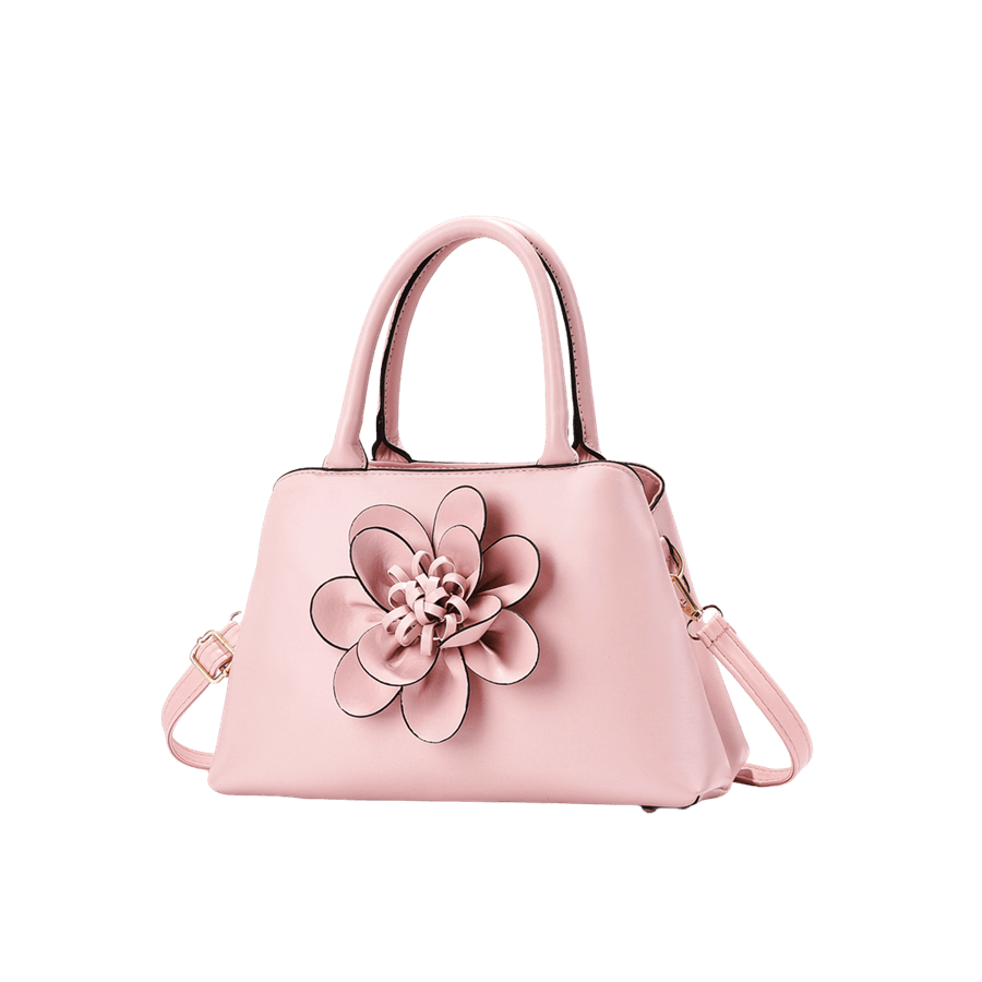 Pink ladies handbag with big flower on the front and contrast edge painting