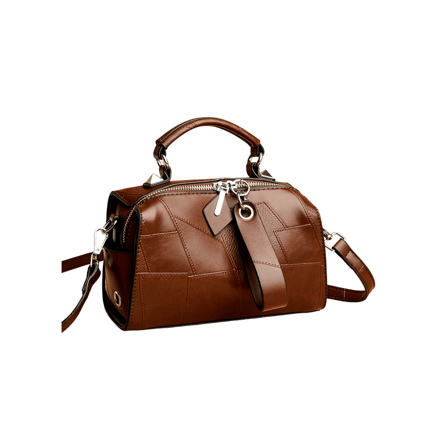 Brown splicing PU duffel bag with long zipper puller and contrast edge painting