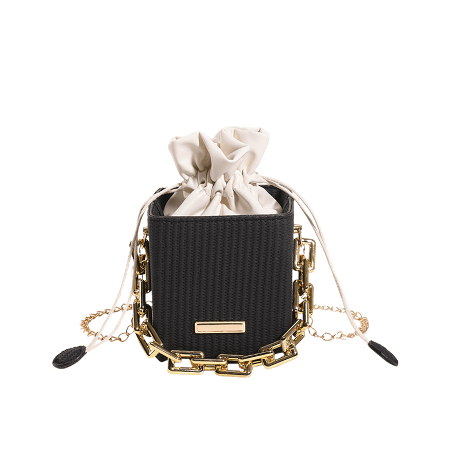 Black straw PU with string closure and chain handle