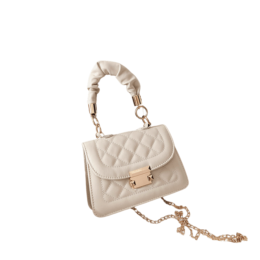 Beige ladies quilting handbag with plicated handle and lock closure