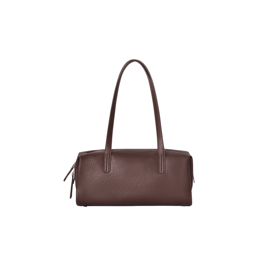 Brown ladies handbag with top double zip closure and metal feets