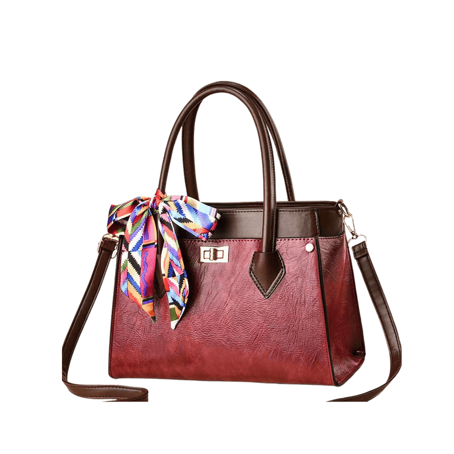 Burgundy ladies tote bag with decorative scarf and lock