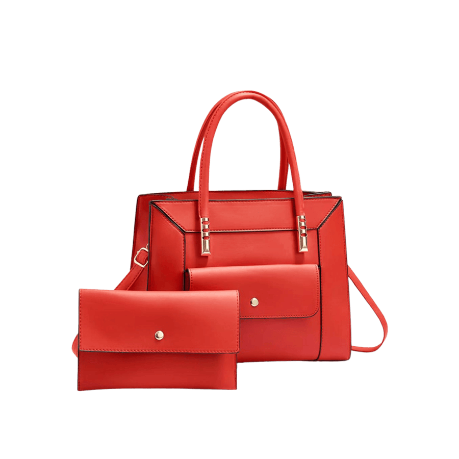 Red ladies handbag sets with metal tab of handle and front pocket