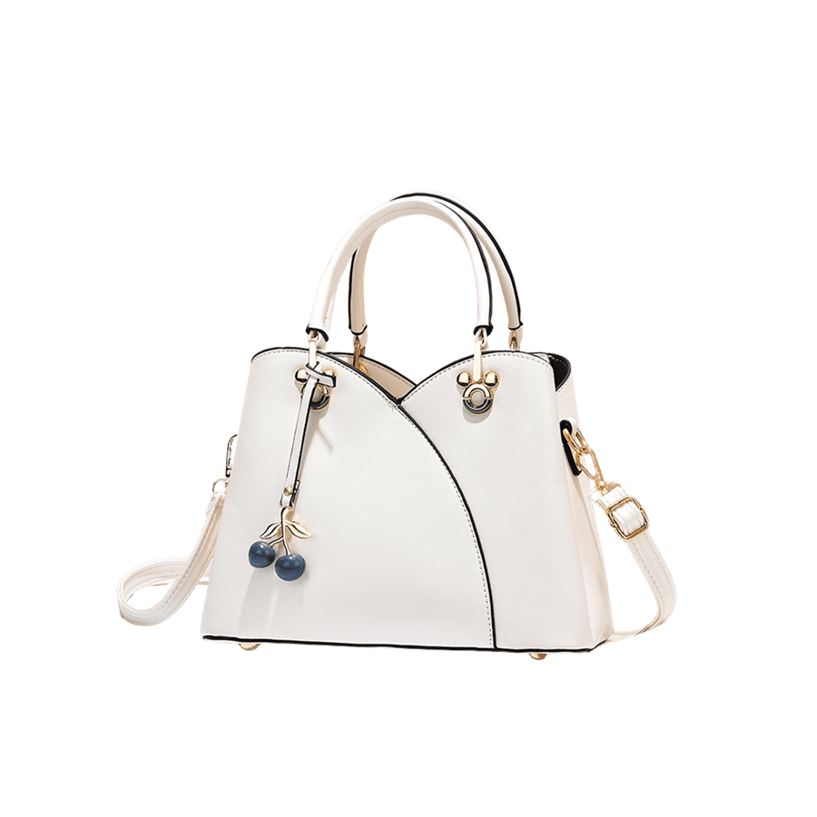 White splicing PU ladies andbag with cherry hangtag and metal tab