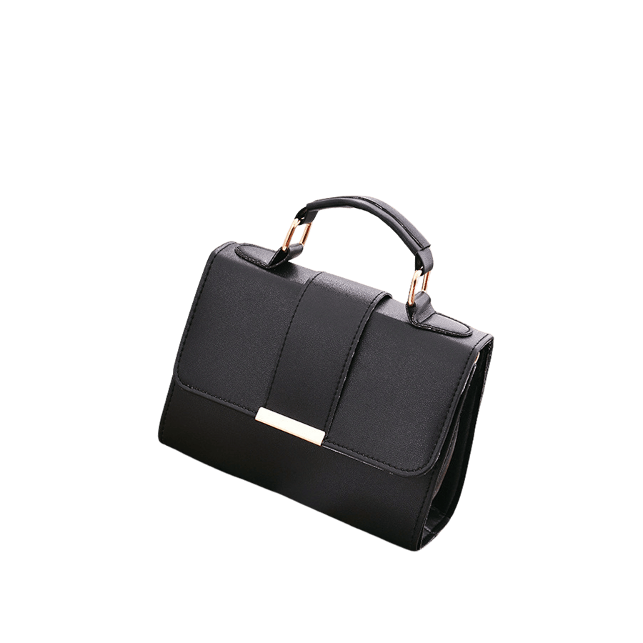 Black ladies handbag with metal edge and magnetic snap closure