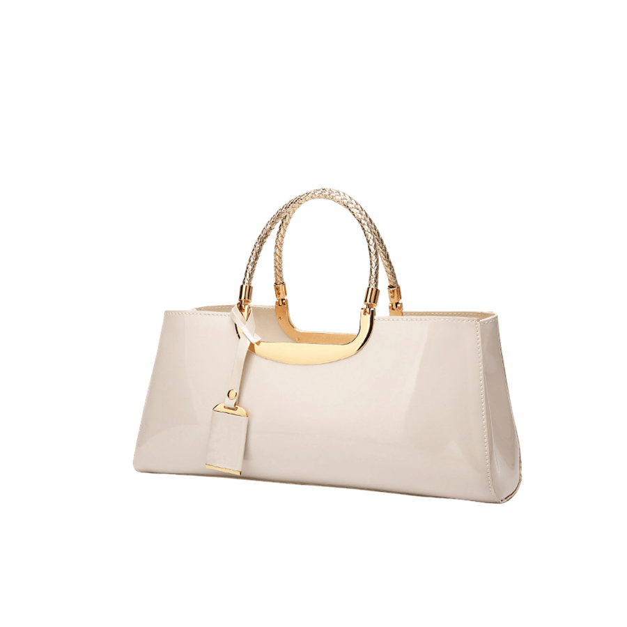 Beige patent PU ladies handbag with gold weave handle and detachable hangtag