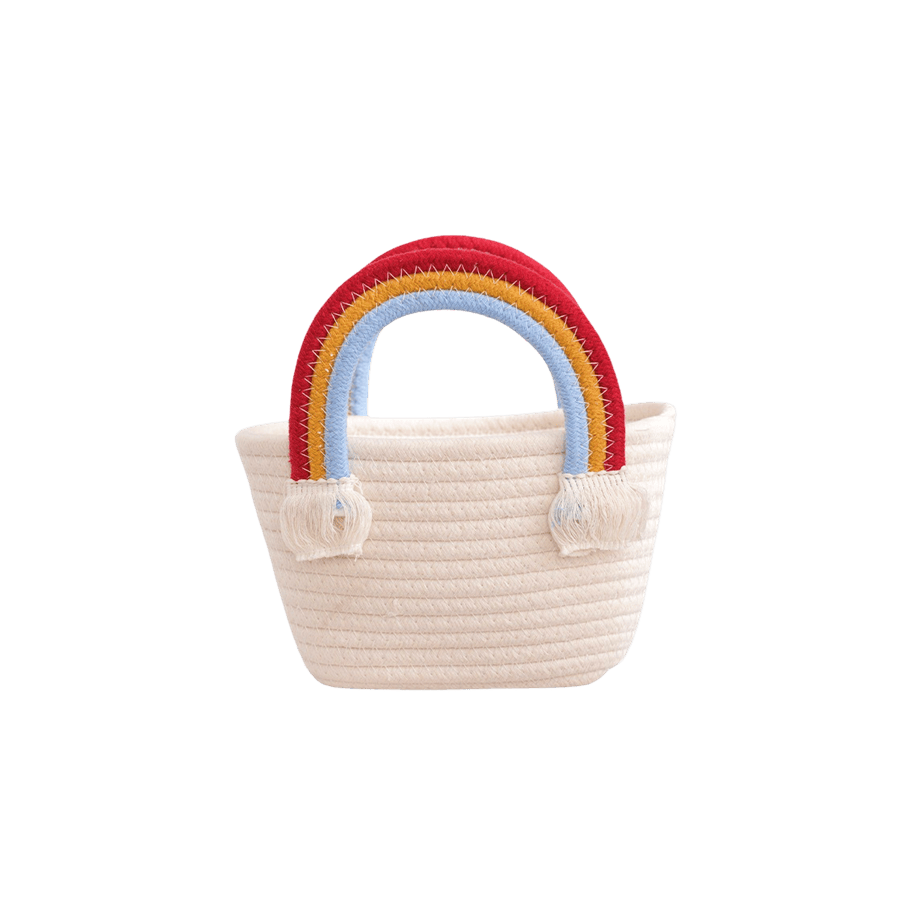 Beige ladies handbag with rainbow handle