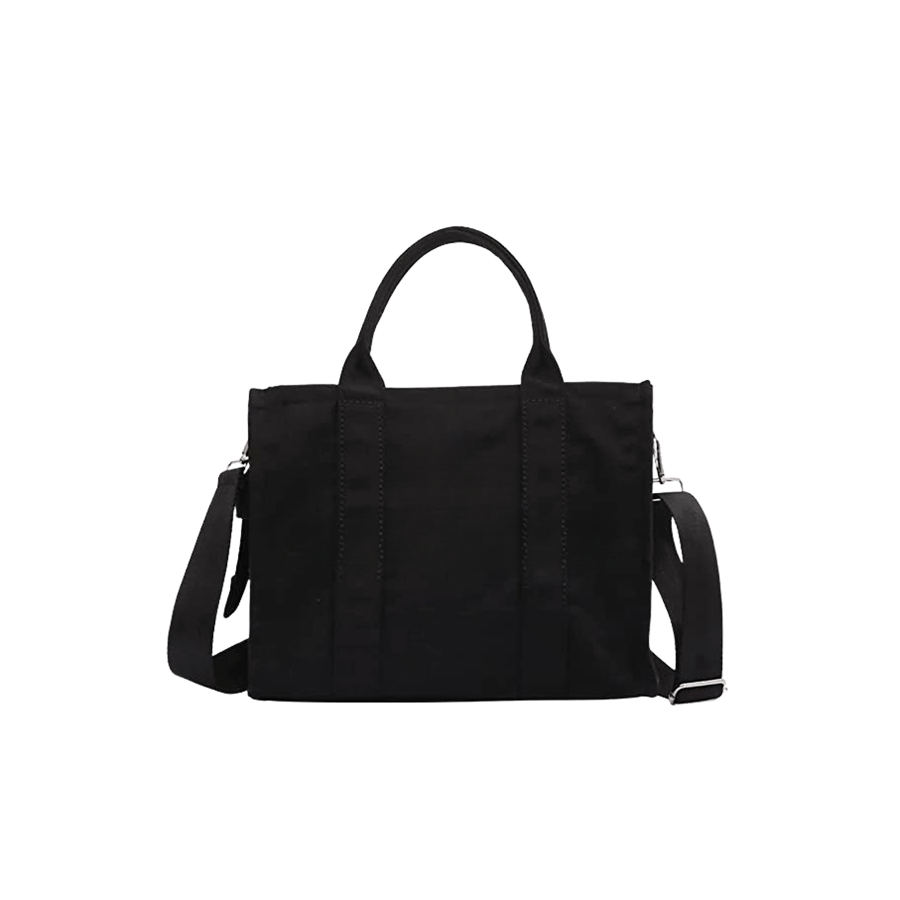 Black canvas tote bag with top zip closure