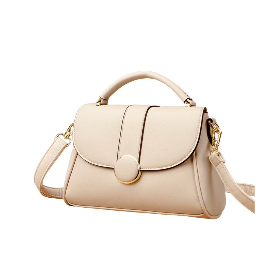 Beige ladies handbag with round hardware on the flap and magnetic snap closure