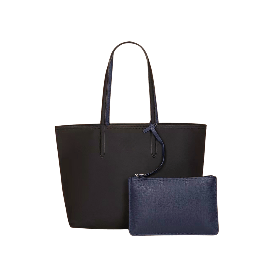Black nylon tote bag with navy trim PU wrist bag