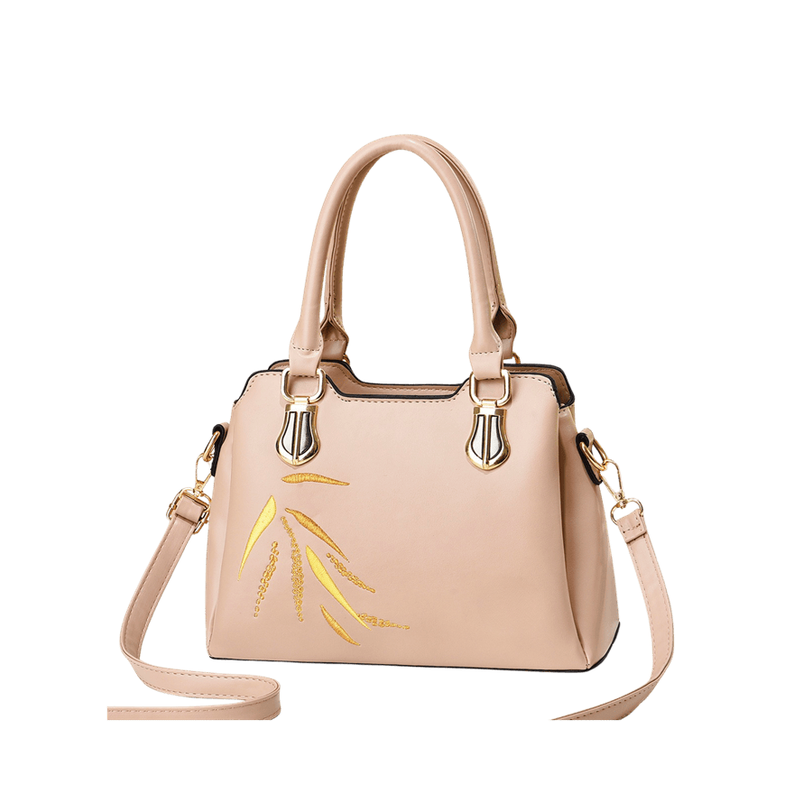 Pink ladies handbag with embroidery and metal tab of the handle