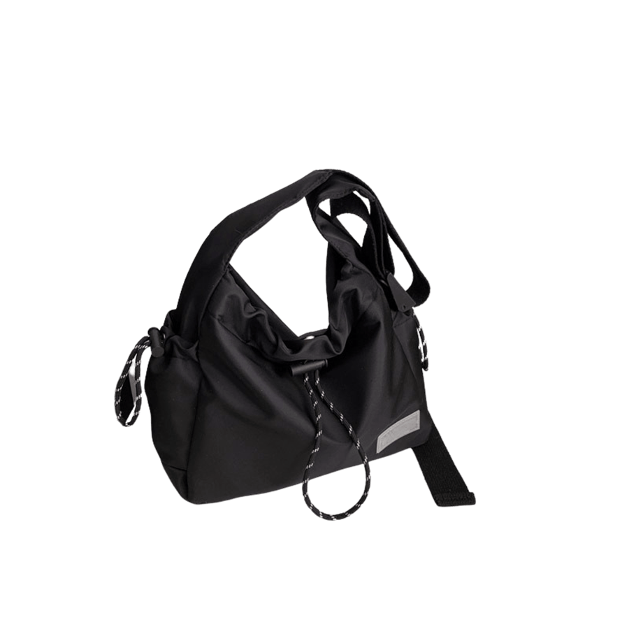 Black nylon hobo bag with front and side open pockets