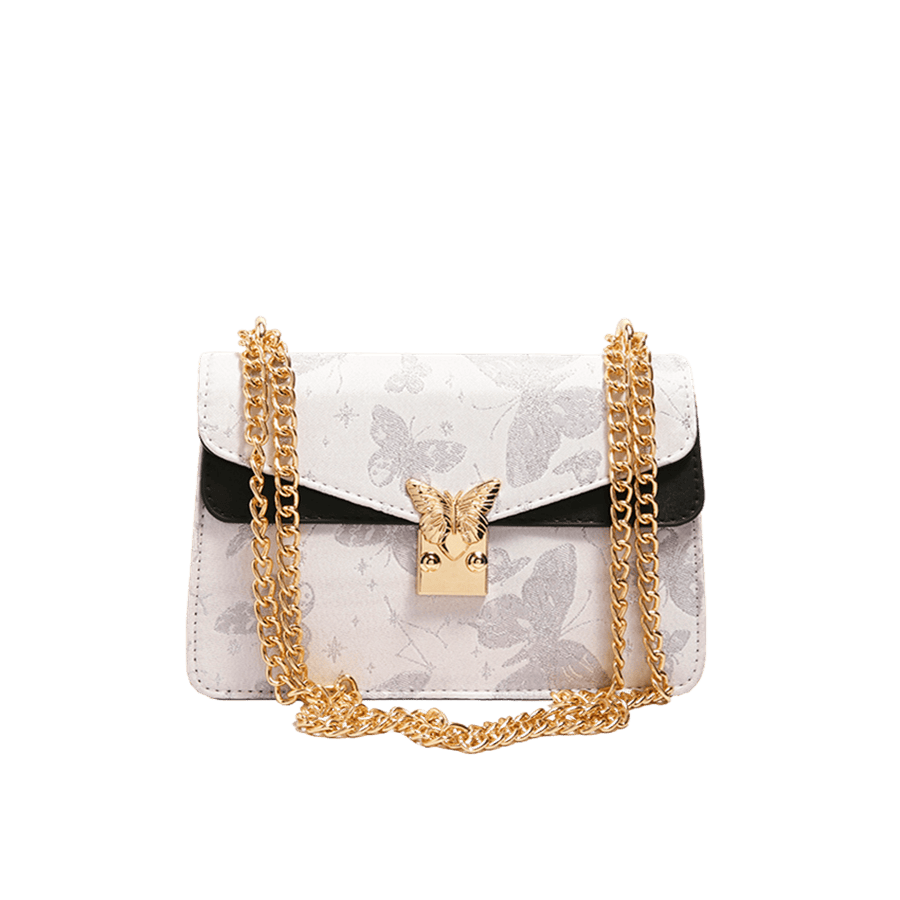 Beige ladies crossbody bag with butterfly prints and lock closure