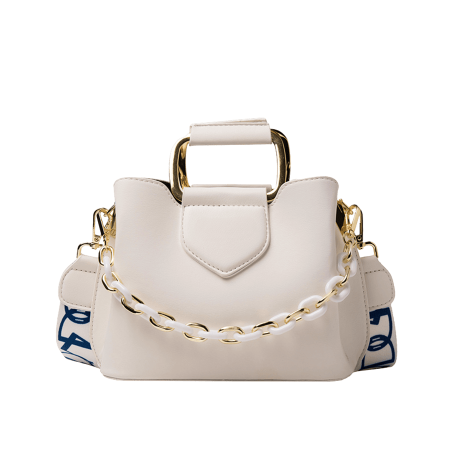 Beige ladies handbag with metal handle and plastic chain