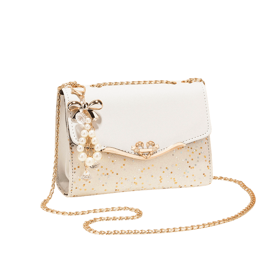 Beige ladies crossbody bag with metallic trim material and bowknot hangtag