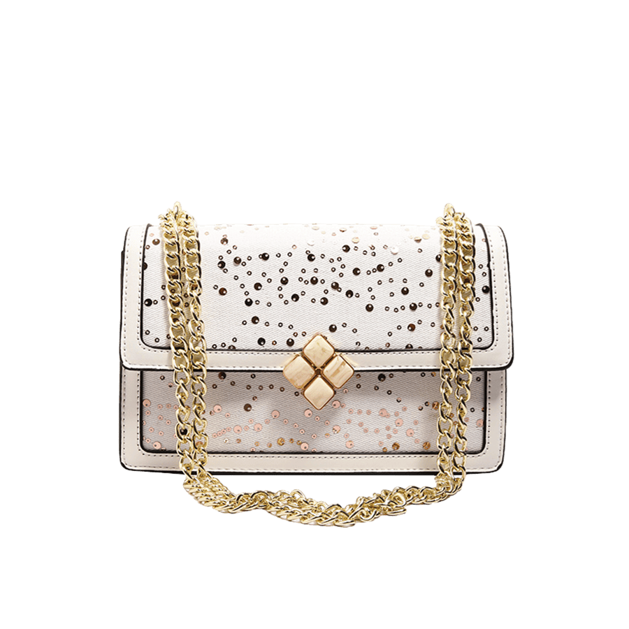 Beige metallic adies crossbody bag with beige trim PU and flower lock closure