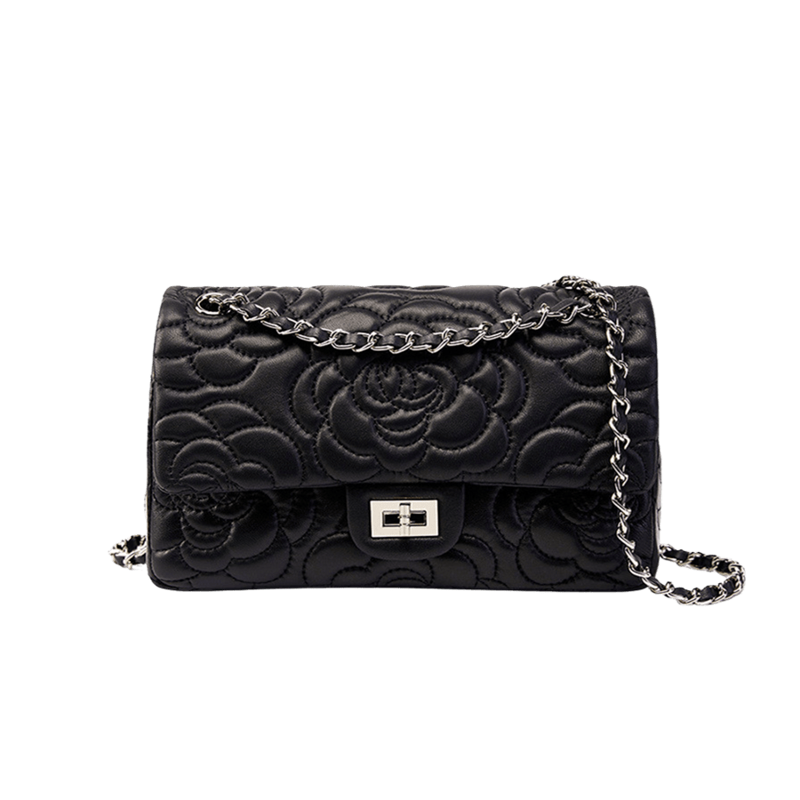 Black floral quilting crossbody bag with lock closure