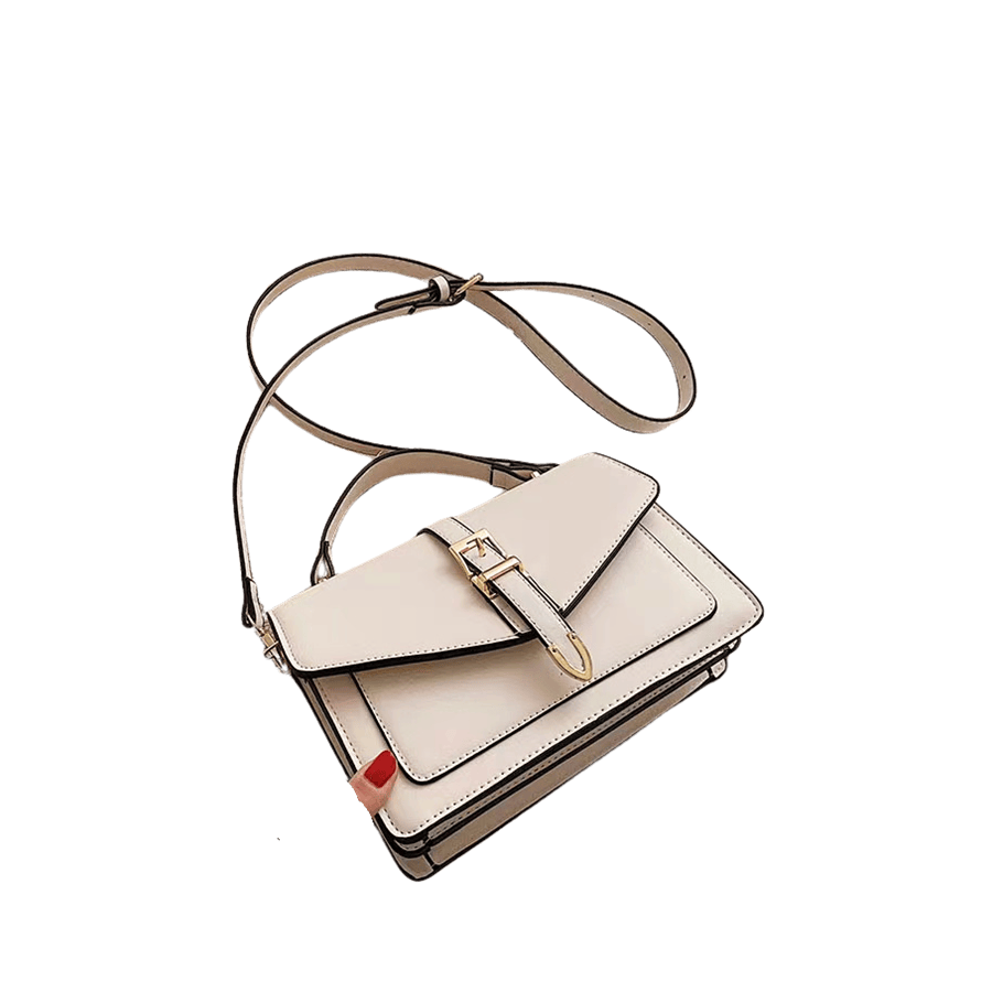 Beige ladies handbag with decorative hardwares on the flap and contrast edge painting