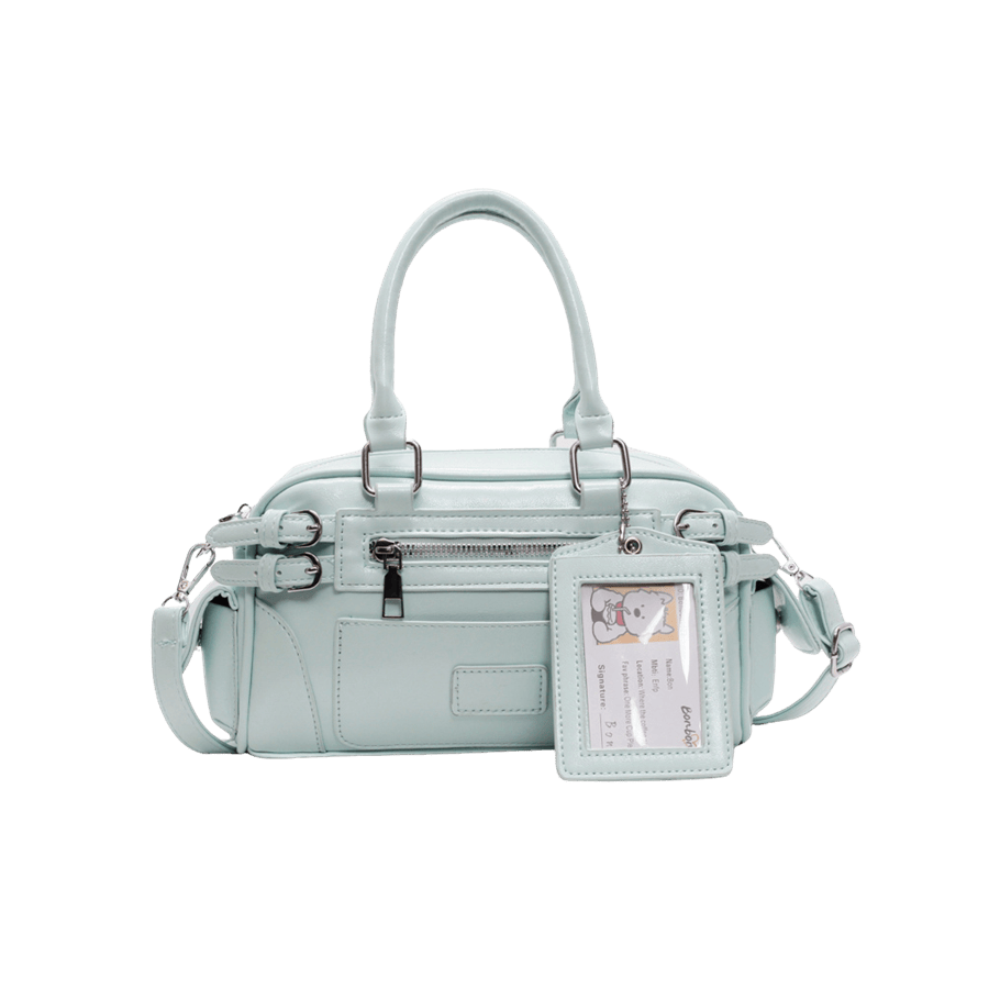 Blue ladies handbag with detachable name brand and front pockets
