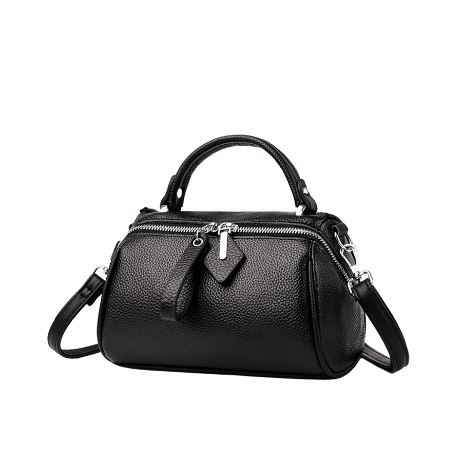 Brown splicing PU duffel bag with long zipper puller and contrast edge painting