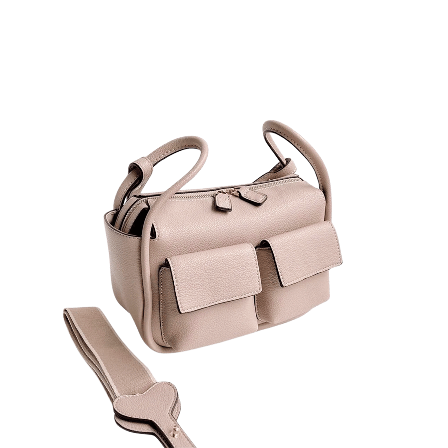 Beige ladies handbag with front pockets and contrast edge painting