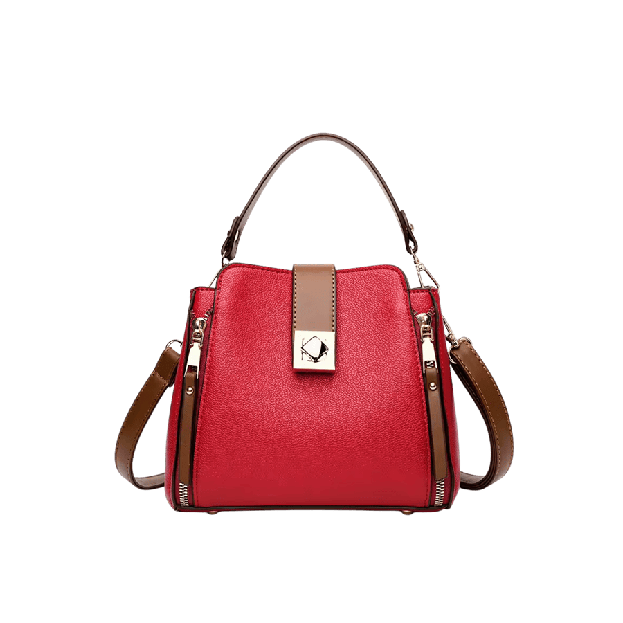Red ladies handbag sets with brown trim PU and lock closure
