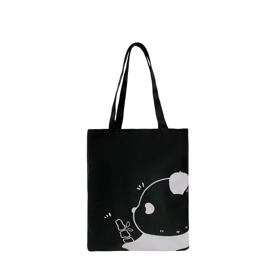 Black canvas shopping bag with white print