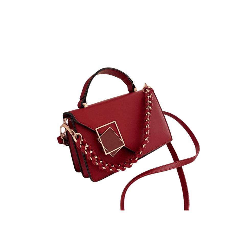 Red ladies handbag with decorative chain+PU handle and square enemal hardware