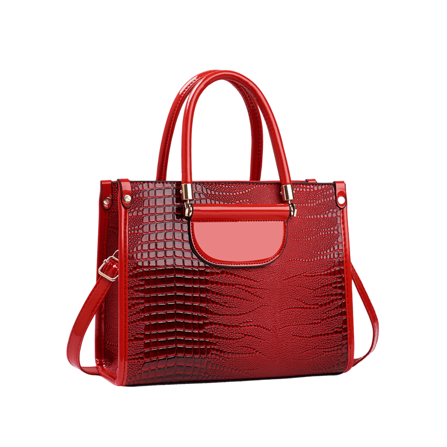 Red croco PU ladies handbag with metal bar on the handle and red trim patent PU