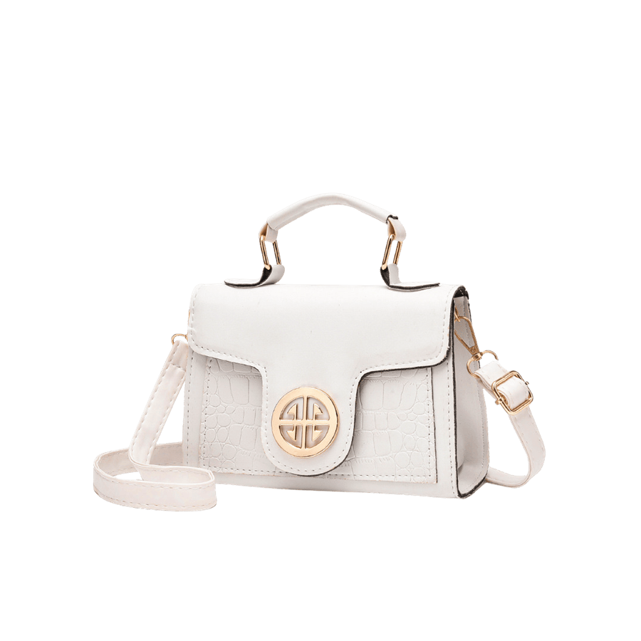 White croco trim PU ladies handbag with round hardware and magnetic snap closure
