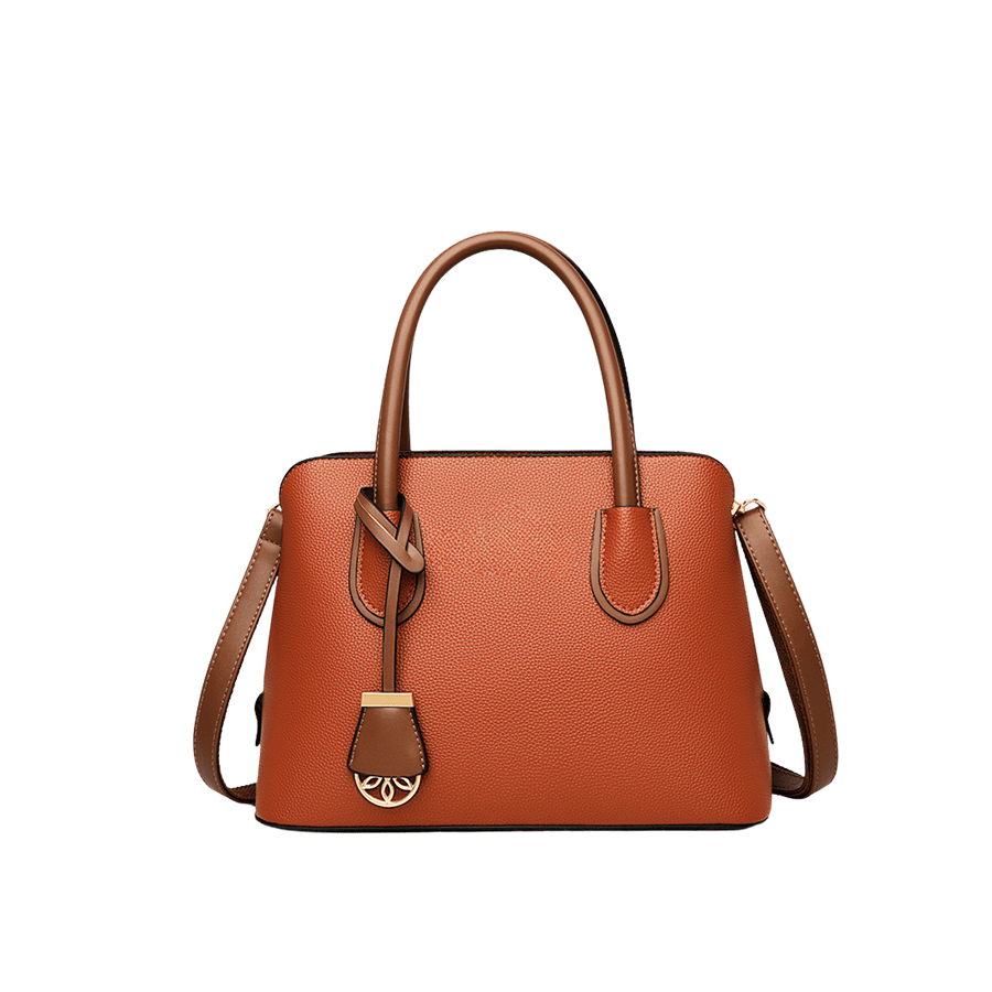 Orange ladies handbag with brown trim PU and detachable hangtag