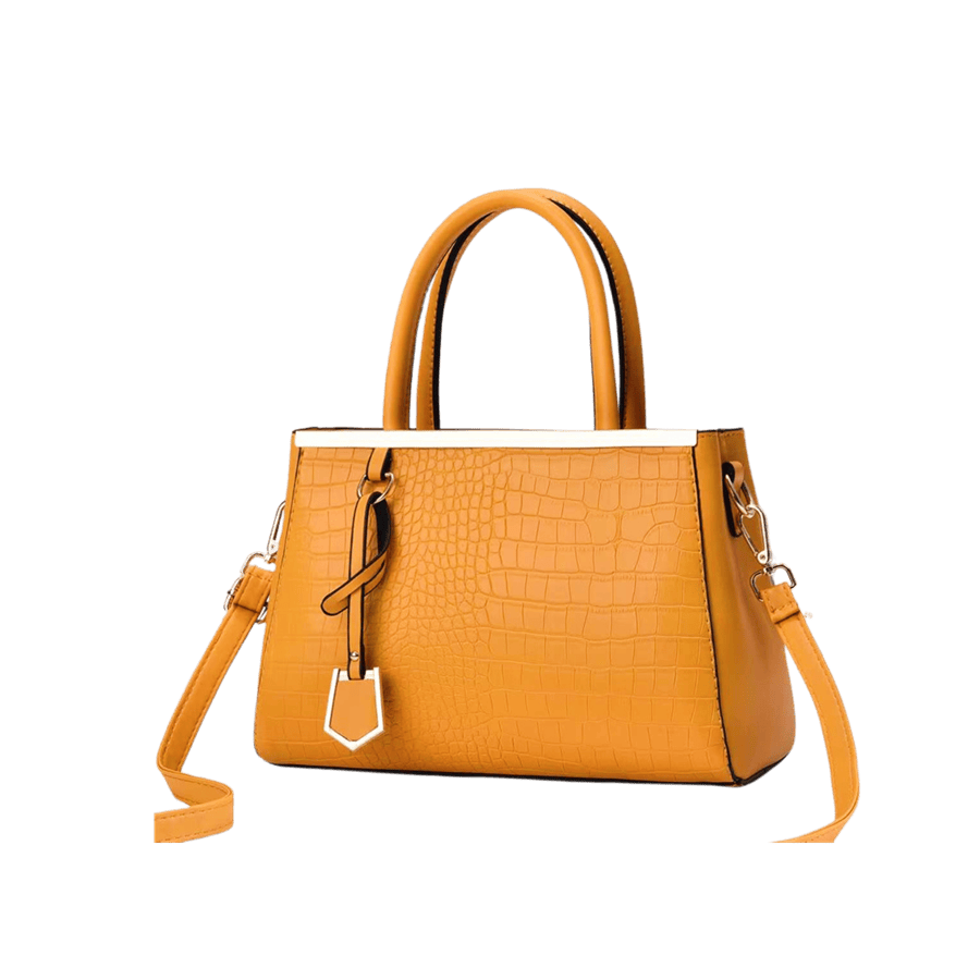 Yellow croco PU ladies handbag with detachable PU hangtag and top metal edge