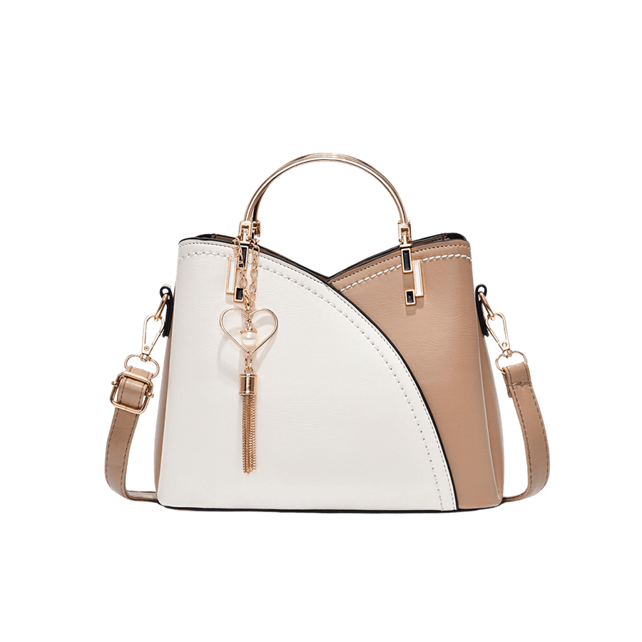Splicing ladies handbag with metal handle and detachable tassel hangtag