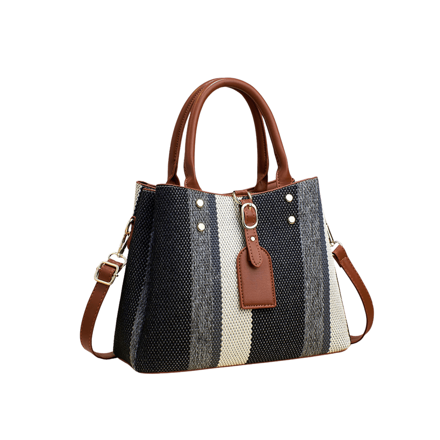 Stripe ladies handbag with detachable hangtag and brown trim PU