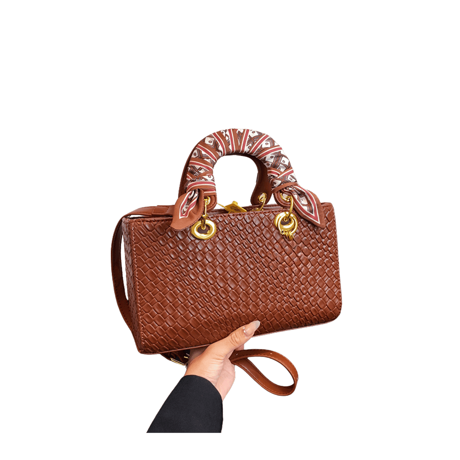 Brown weave PU ladies handbag with scarf on the handle