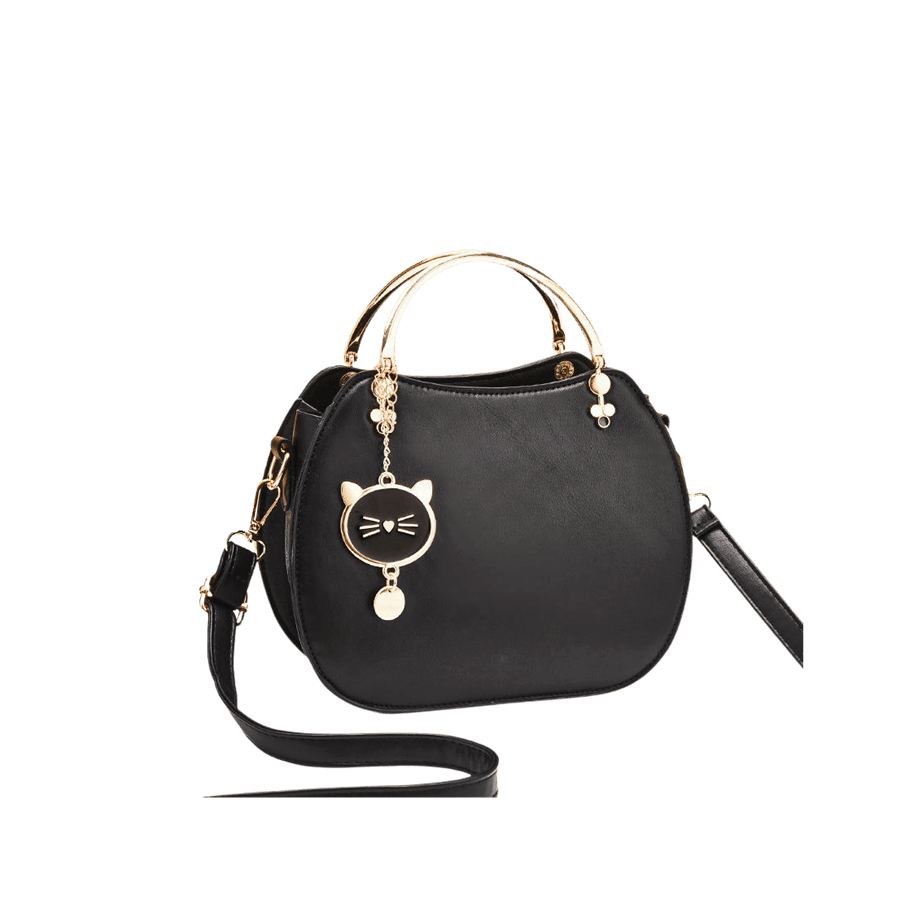 Pink ladies handbag with metal handle and cat metal hangtag