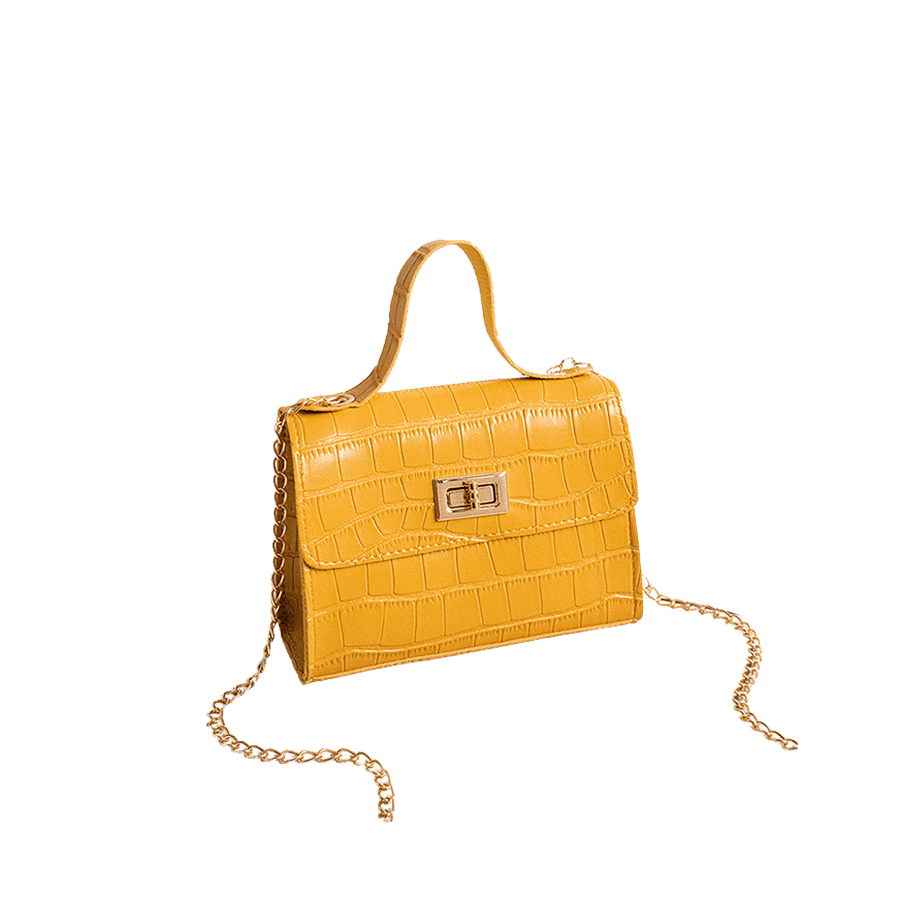 Yellow croco PU ladies handbag with lock closure