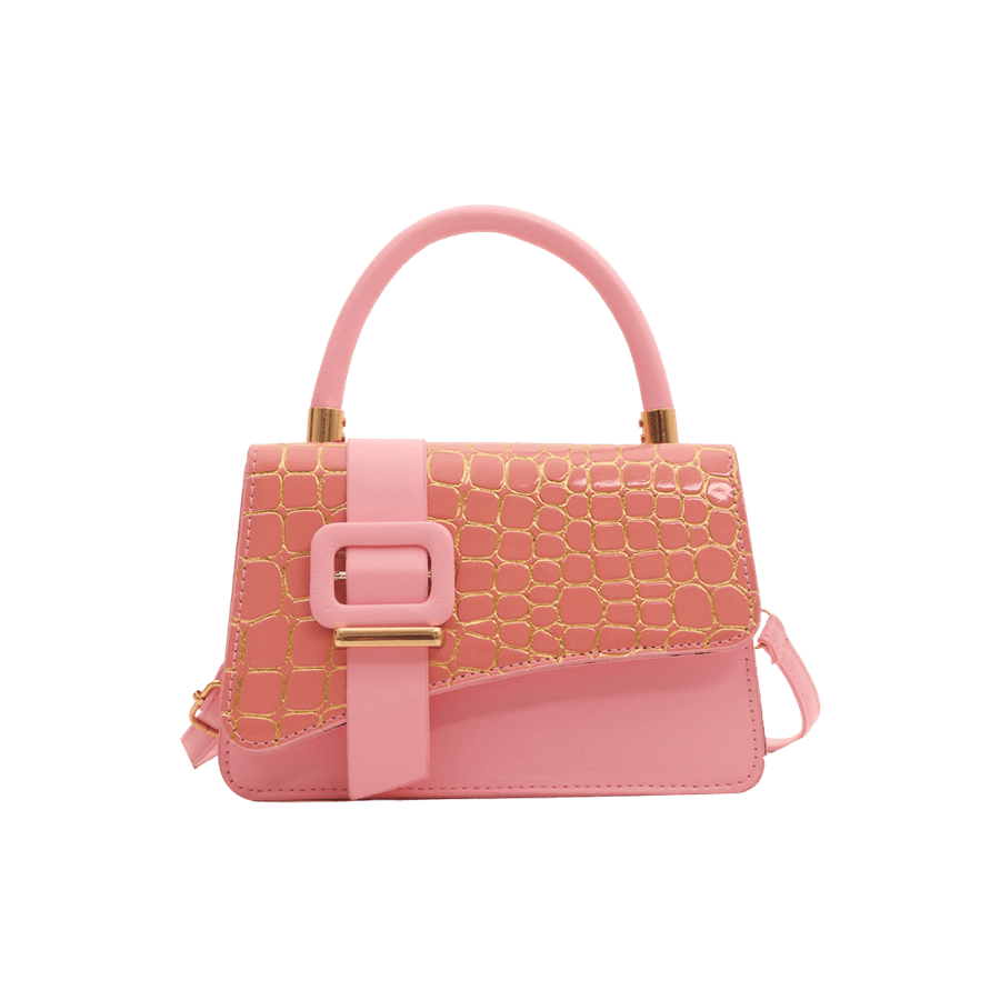 Pink croco PU ladies handbag with plastic buckle and metal bridge
