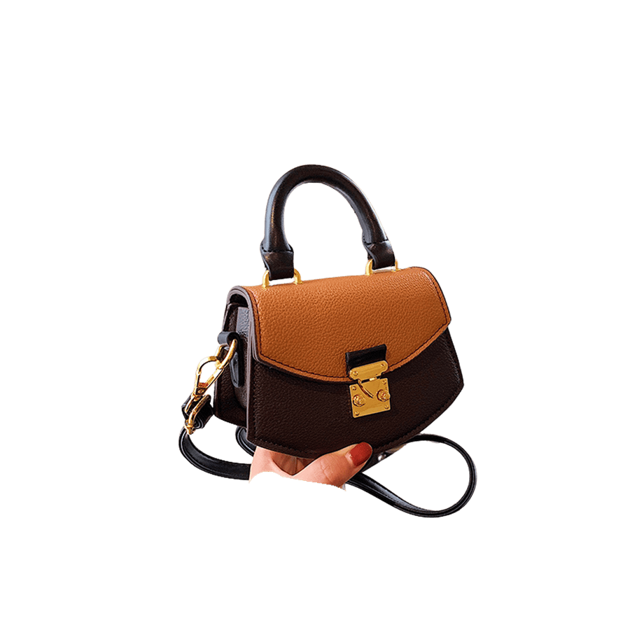 Black ladies mini handbag with camel trim PU and lock closure