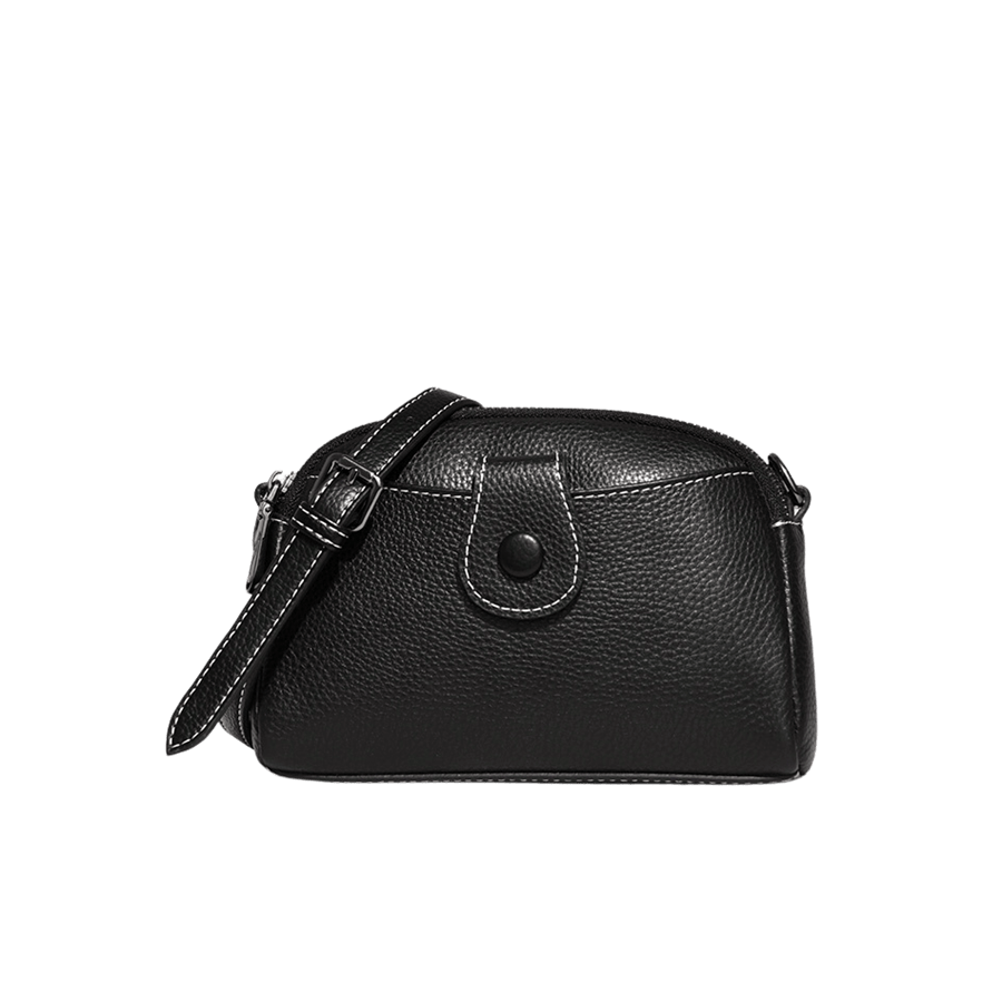 Black ladies crossbody bag with matching snap closure and contrast stitching