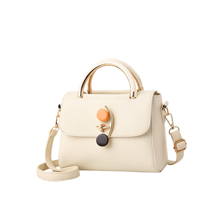 Beige ladies handbag with metal handle and decorative hardware closure