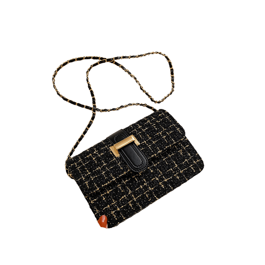 Tweed ladies crossbody bag with decorative metal bridge and magnetic snap closure
