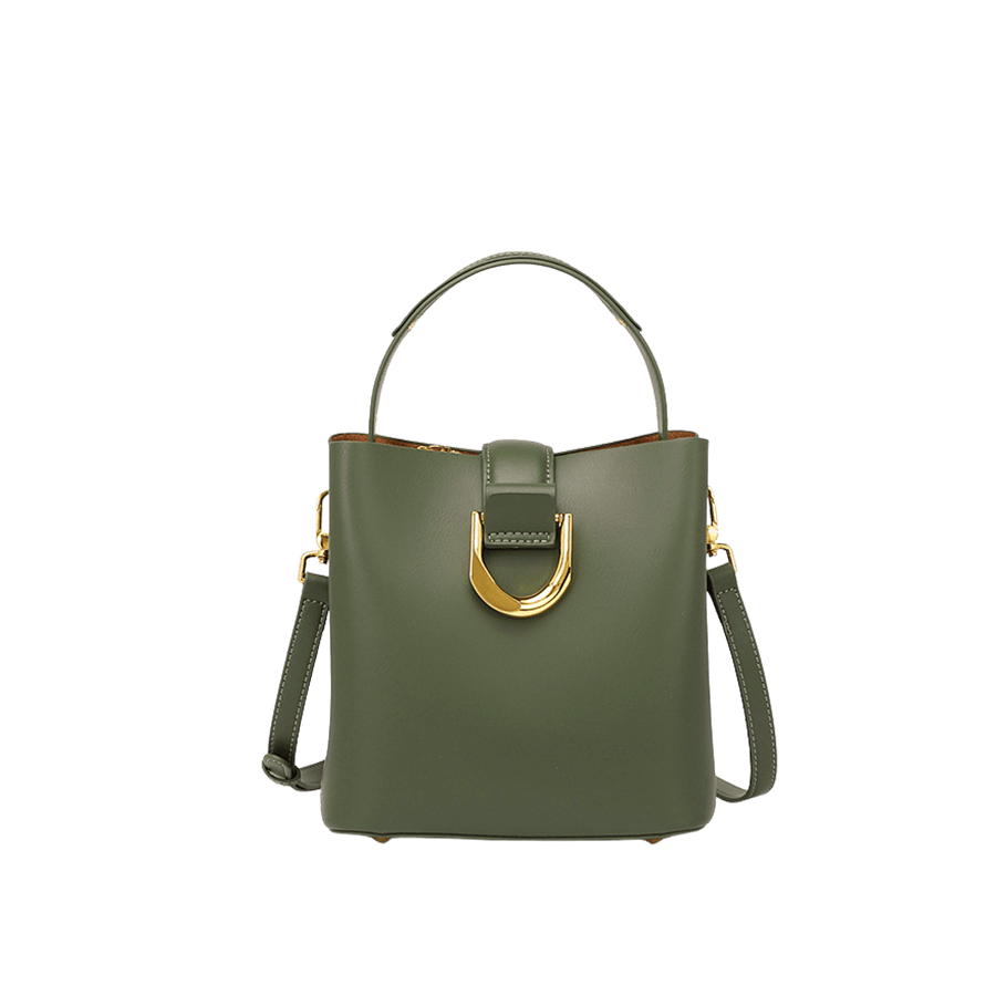 Green ladies bucket bag with buckle closure and metal feets