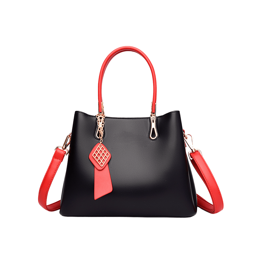 Black ladies handbag with red trim PU and detachable hangtag