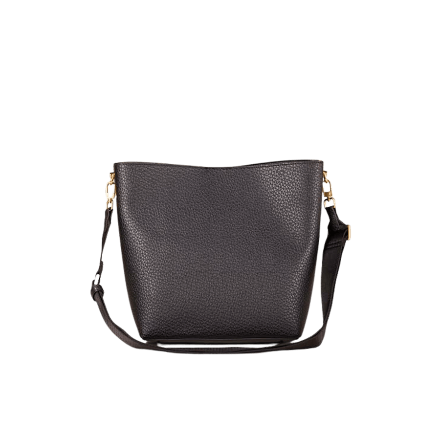 Black ladies bucket bag with detachable shoulder strap and magnetic snap closure