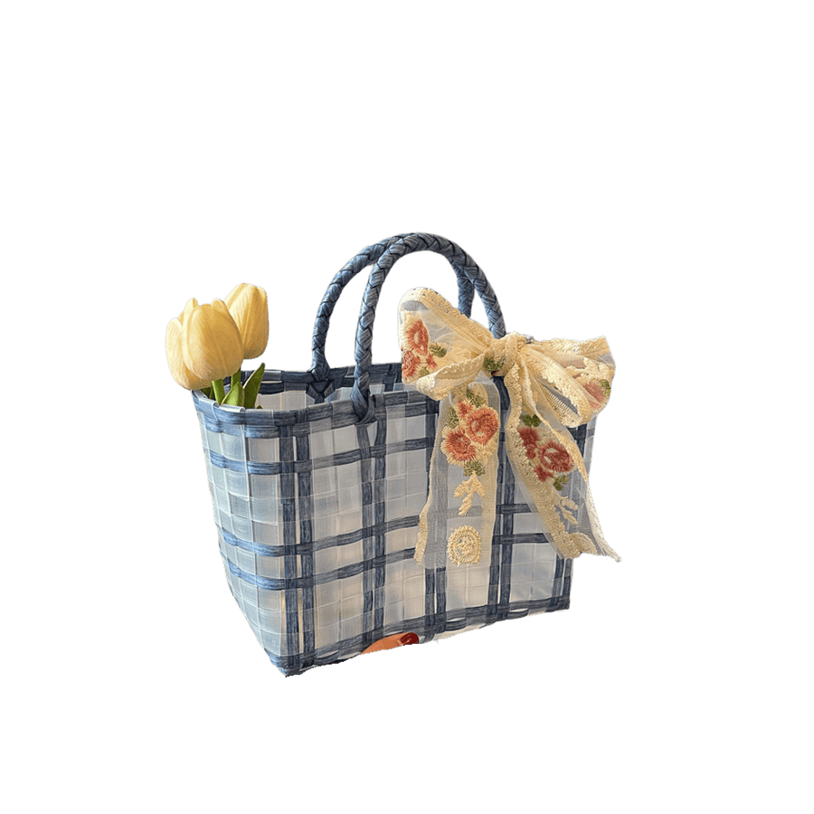 Check ladies tote bag with weave handle and lace bowknot