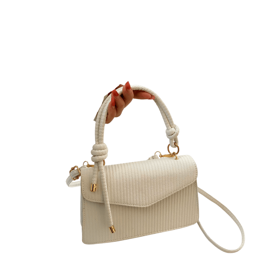 Beige weave PU ladies handbag with knotted handle and magnetic snap closure